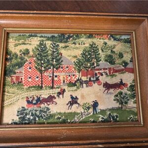 Vintage Grandma Moses Tapestry Wall Art with Wooden Frame